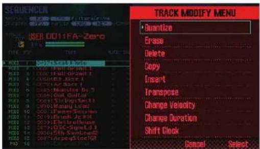 SEQUENCER USER: 0011FA-Zero Track MODIFY MENU • Quantize Erase Delete Copy Insert Transpose Change Velocity Change Duration Shift Clock Cancel Select