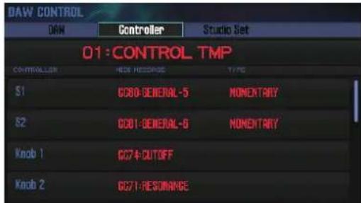 DAW CONTROL DAW Controller Studio Set 01:CONTROL TMP CONTROLLER NEXT. READDRESS TYPE S1 G080-GENERAL-5 NONENTARY S2 G081-GENERAL-6 NONENTARY Knob 1 G074-CUTOFF Knob 2 G071-RESUMANCE