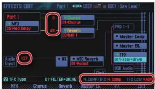 EFFECTS EDIT Part 1 MFX 36 Mod Delay 0 45 Chorus D1-Chorus Reverb D2-Hall 1 PAD 1-1 Master Comp Master EA TFX 01-Filter+Drive USB Audio Audio Input 127 NS MIC Reverb D1-Round TFX Type 01-FILTER+DRIVE M. COMP/TFX M. Comp TFX Loe MAIN MFX Chorus Reverb Master EA FTA EXIT