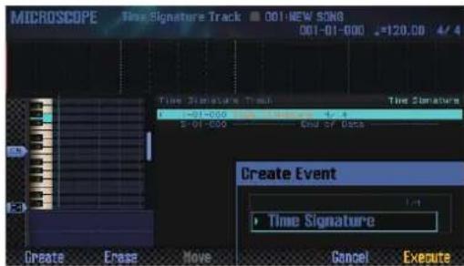 MICROSCOPE Time Signature Track 001-NEW SONG 001-01-000 2:120.00 4:4 Time Signature Track Time Signature 0 1-01-000 2-01-000 3-01-000 Ctrl 57 Data Create Event Time Signature 1:4 Create Erase Move Cancel Execute