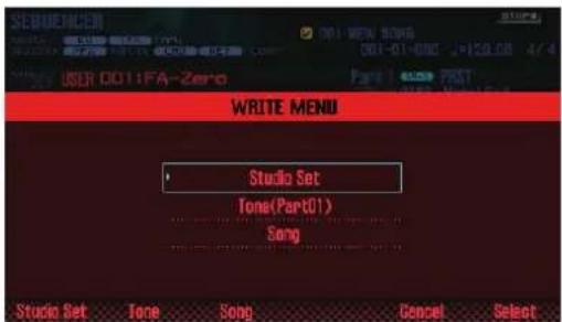 USER:001:FA-Zero WRITE MENU Studio Set Tone(Part01) Song Studio Set Tone Song Cancel Select