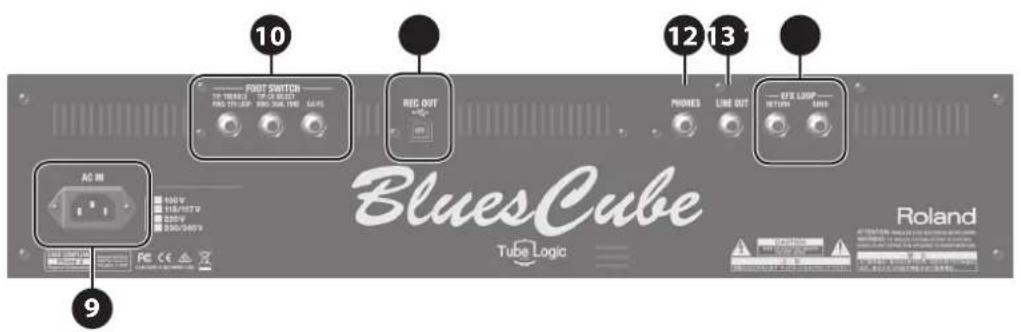 10 12 13 9 AC Filter 100V 115V/85TV 220V 230V/240V Rs: TURASS RRC: 700-1000 REC: OUT PHONES LINE OUT EFE LOOP RETURN ON/OFF BluesCube Tube Logic Roland