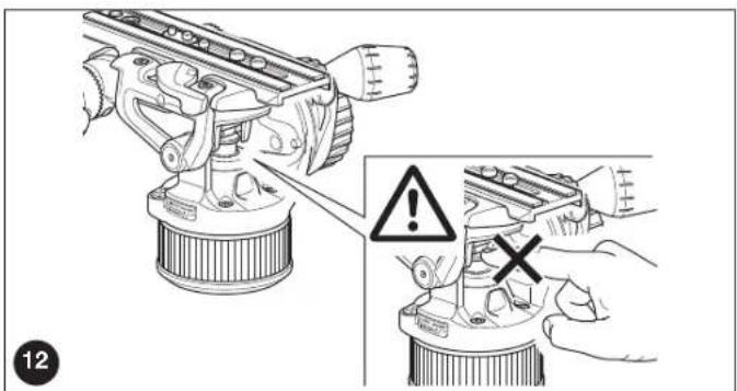 Technical diagram showing mechanical assembly with warning symbols and labeled parts, including a warning triangle and cross marks.