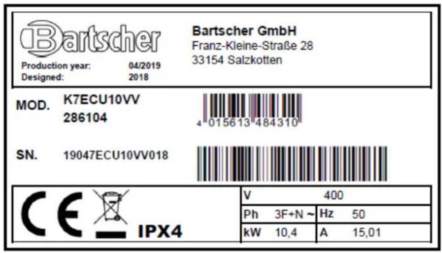 BARTSCHER 287410 - TYPENSCHILD\PLAQUES DES CHARACTERISTIQUES TECHNIQUES\DATA PLATE - 1