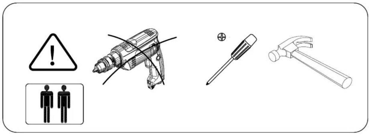 Diagram showing four types of electrical hazard symbols: warning, drill, screwdriver, and hammer.
