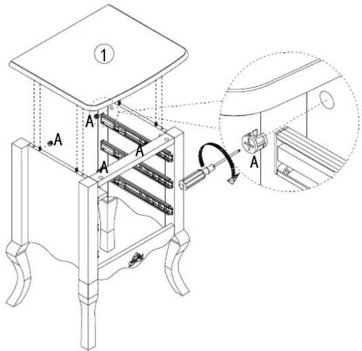 Technical diagram of a small table with labeled components and an inset showing a mechanical assembly with a valve and adjustment mechanism.