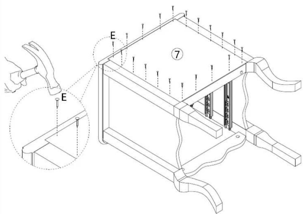 Technical diagram of a mechanical assembly with labeled parts E and numbered section 7, showing structural components and assembly details.