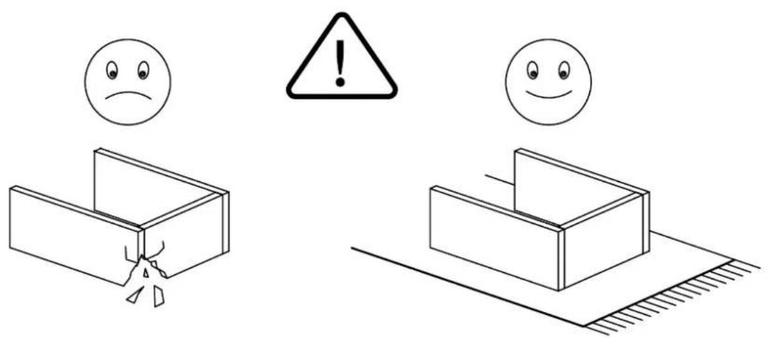 Safety warning illustration showing a broken door with an angry face and a warning triangle, alongside a simplified 3D block diagram with a smiling face.