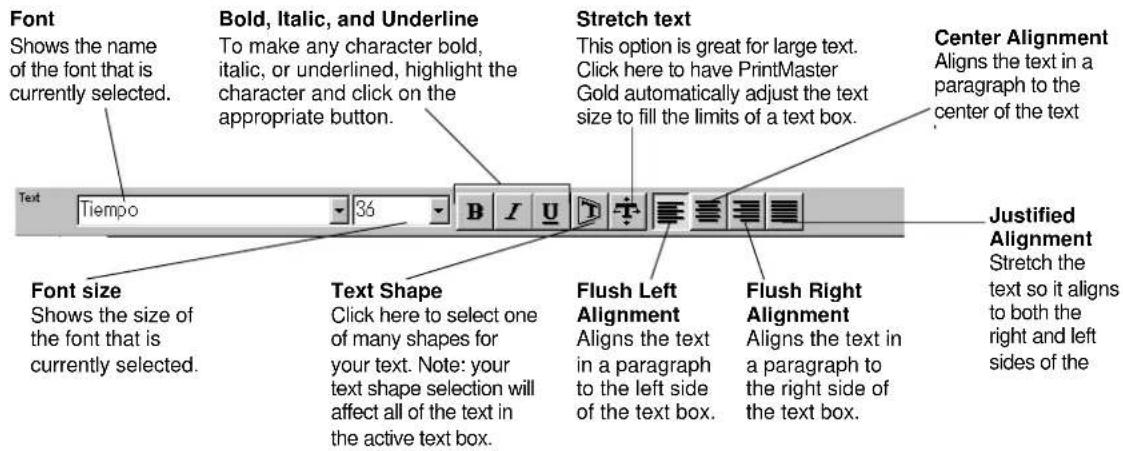 Font Shows the name of the font that is currently selected. Bold, Italic, and Underline To make any character bold, italic, or underlined, highlight the character and click on the appropriate button. Stretch text This option is great for large text. Click here to have PrintMaster Gold automatically adjust the text size to fill the limits of a text box. Center Alignment Aligns the text in a paragraph to the center of the text Text Tiempo 36 B I U Text Shape Click here to select one of many shapes for your text. Note: your text shape selection will affect all of the text in the active text box. Flush Left Alignment Aligns the text in a paragraph to the left side of the text box. Flush Right Alignment Aligns the text in a paragraph to the right side of the text box. Justified Alignment Stretch the text so it aligns to both the right and left sides of the