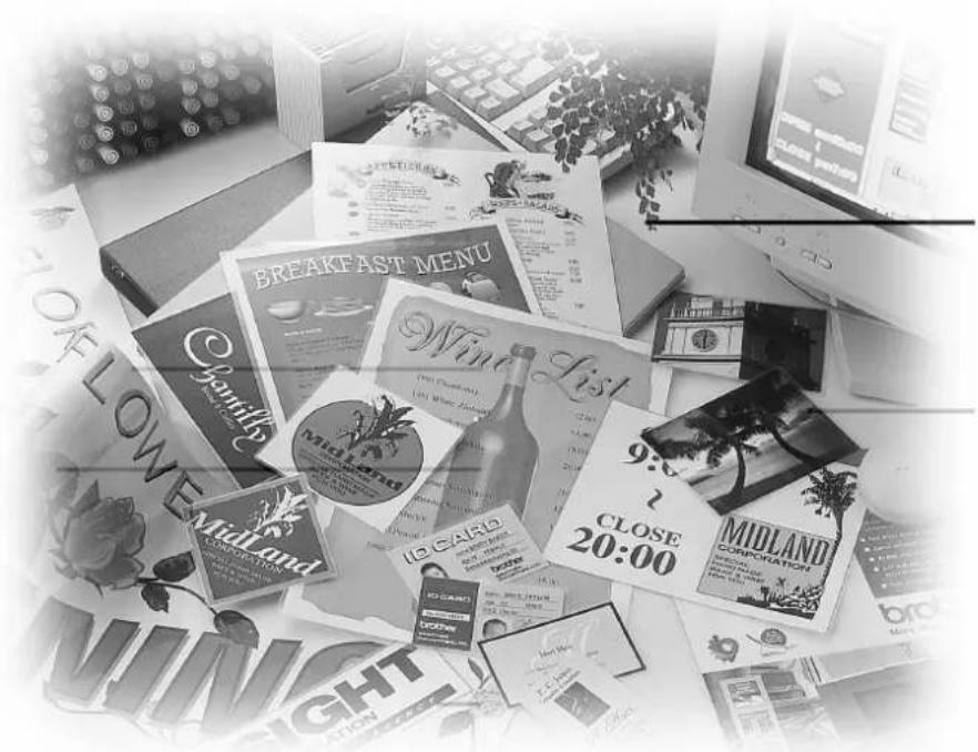 Black-and-white photo of scattered food and beverage items including Midland, Breakfast Menu, and Midland Corporation logos with visible text overlays.