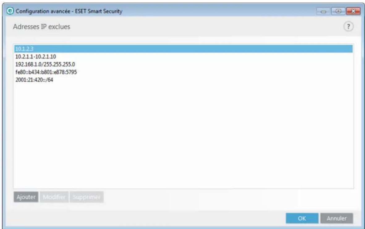 ESET Smart Security 9 - Adresses IP exclues - 1