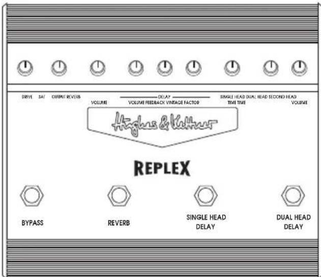 DRIVE 5A/ OUTPUT REVEB VOLUME VOLUME Feedback VINTAGE FACTOR SINGLE HEAD DUAL HEAD SECOND HEAD TIME TIME VOLUME Hings & Kettner REPLEX BYPASS REVERB SINGLE HEAD DELAY DUAL HEAD DELAY