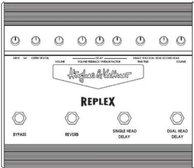 DRIVE SAT OUTPUT REVER VOLUME DELAY VOLUME FEEDBACK VINTAGE FACTOR SINGLE HEAD DUAL HEAD SECOND HEAD TIME TIME VOLUME Hyphus & Kettner REPLEX BYPASS REVERB SINGLE HEAD DELAY DUAL HEAD DELAY