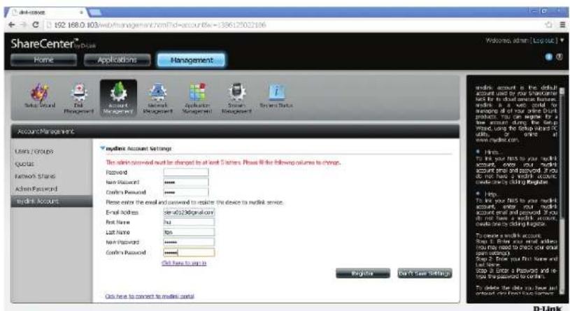 D-LINK DNS340L - Saisissez votre adresse e-mail et votre mot de passer pour enregistrer ce périphérique sur le service mydlink. - 2