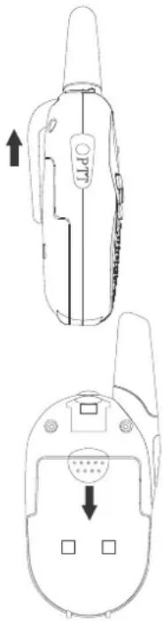 Technical diagram showing two views of a device with labeled ports and directional arrows indicating movement or assembly.