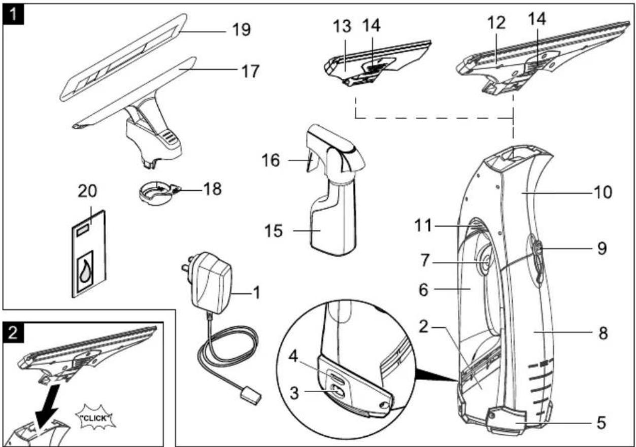 Technical diagram of a cleaning device with numbered parts and instructional labels, including a 'CLICK' button.