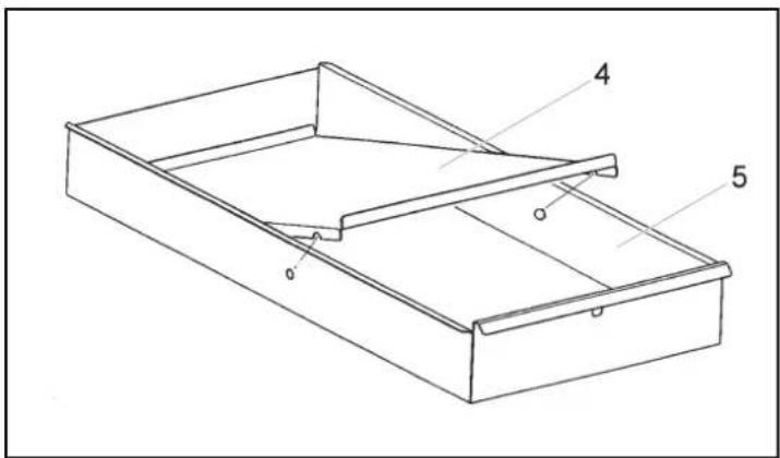 Technical diagram of a rectangular tray with labeled parts 4 and 5, showing internal structure and mounting points.