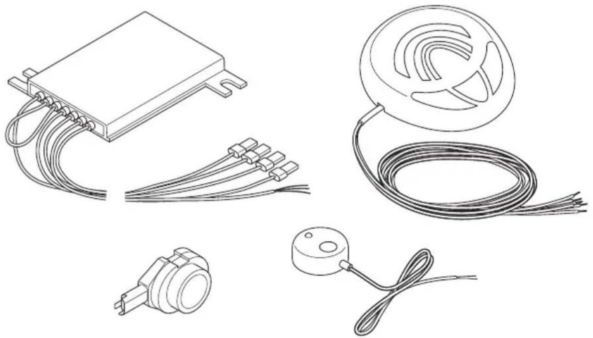 Technical line drawings of various electronic components including a box, coiled cable, and sensor-like device (no text or symbols)