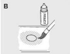 Illustration of a brush applying paint to a surface with a labeled bottle (no text or symbols present)