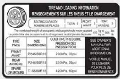 KIA K900 (2018) - Étiquette de renseignements sur les pneus et la charge - 1