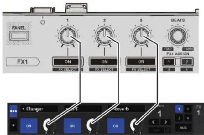 PIONEER DDJSR2 - Actionnez la commande de paramétrage d'effet 1 pour ajuster le paramètre du premier effet. - 1