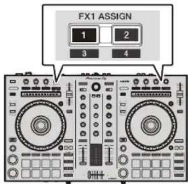 PIONEER DDJSR2 - Appuyez sur la touche [FX ASSIGN] sur le côté gauche pour sélectionner la platine à laquelle l'effet est affecté. - 1