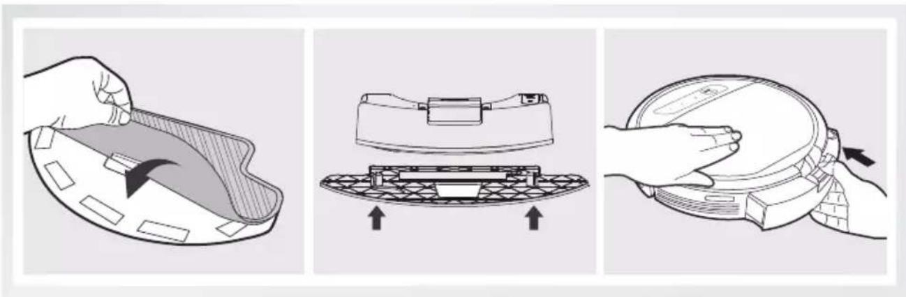 ECOVACS DEEBOT OZMO 610 - Fixer le chiffon de nettoyage. Fixer la plaque du chiffon de nettoyage et insérer le réservoir d'eau. - 1