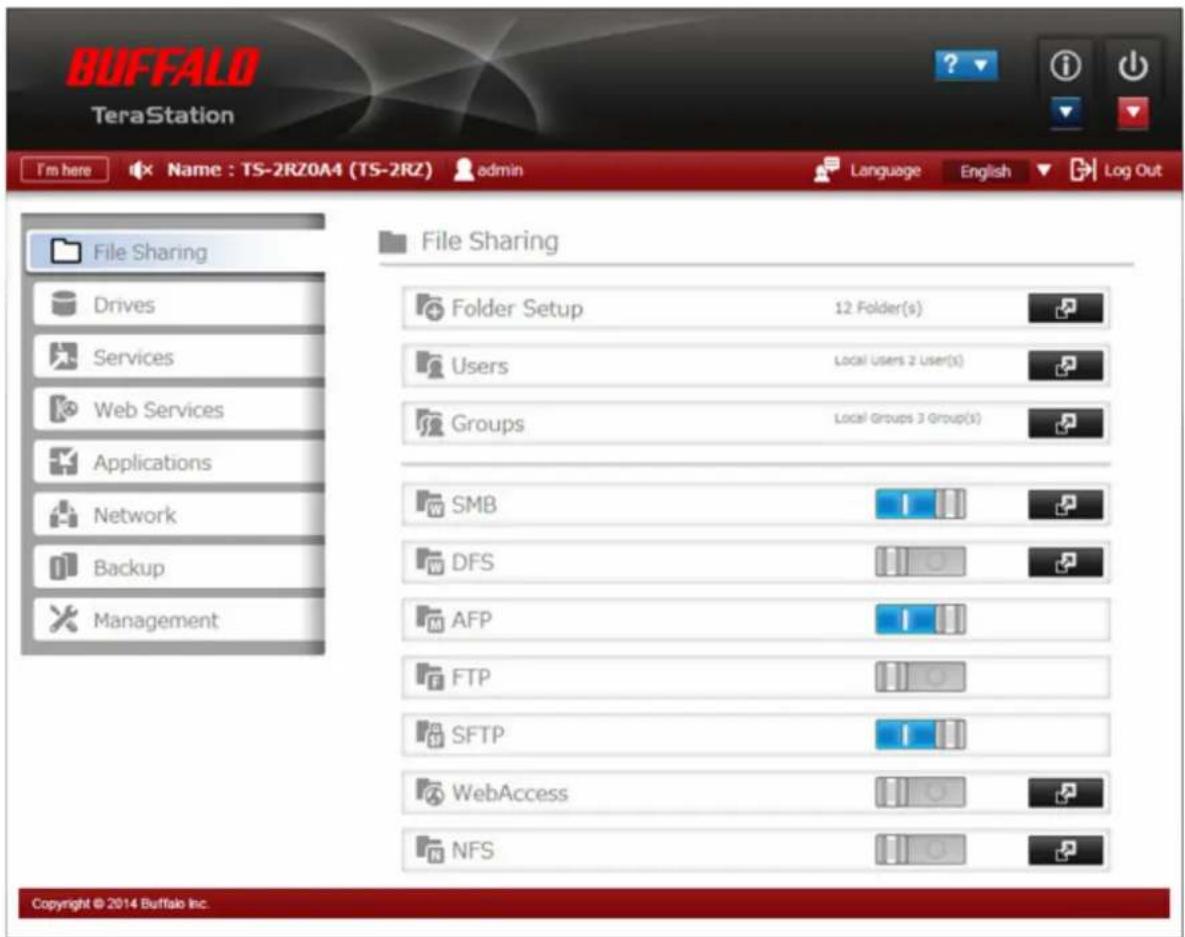 BUFFALO TeraStation TS7120r - Le menu Réglages s'ouvre. - 1