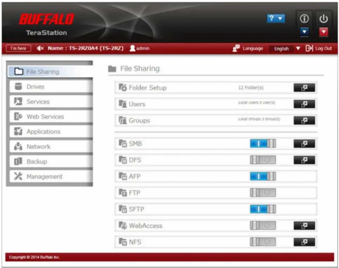 BUFFALO TeraStation TS7120r - Le menu Réglages s'ouvre. - 1