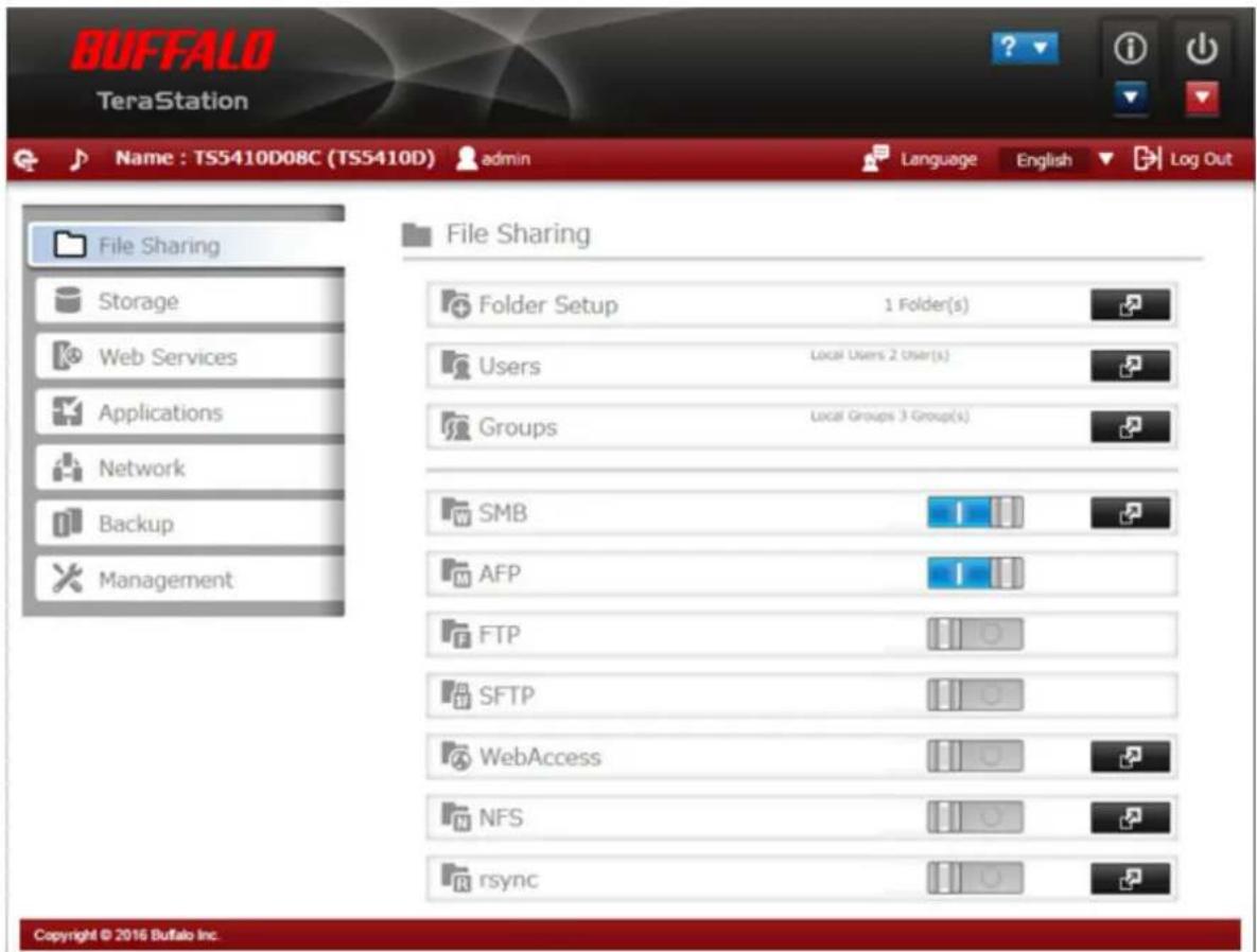 BUFFALO TeraStation 5810DN - Le menu Réglages s'ouvre. - 1