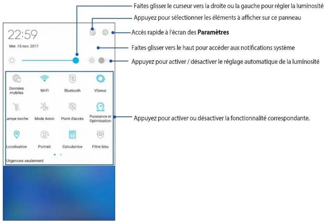 22:59 Mer. 15 nov. 2017 Faites glisser le curseur vers la droite ou la gauche pour régler la luminosité Appuyez pour sélectionner les éléments à afficher sur ce panneau Accès rapide à l'écran des Paramètres Faites glisser vers le haut pour accéder aux notifications système Appuyez pour activer / désactiver le réglage automatique de la luminosité Données mobiles Wi-Fi Bluetooth Vibreur Lampe torche Mode Avion Point d'accès Puissance et Optimisation Localisation Portrait Calculatrice Filtre bleu Urgences seulement Appuyez pour activer ou désactiver la fonctionnalité correspondante.
