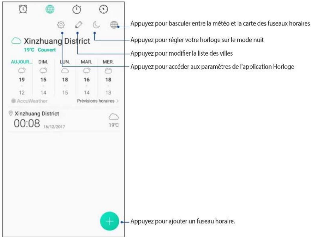 Appuyez pour basculer entre la météo et la carte des fuseaux horaires Appuyez pour régler votre horloge sur le mode nuit Appuyez pour modifier la liste des villes Appuyez pour accéder aux paramètres de l'application Horloge Xinzhuang District 19°C Couvert AUJOUR... DIM. LUN. MAR. MER. 19 15 18 16 18 12 14 15 14 13 AccuWeather Prévisions horaires > Xinzhuang District 00:08 16/12/2017 19°C Appuyez pour ajouter un fuseau horaire.