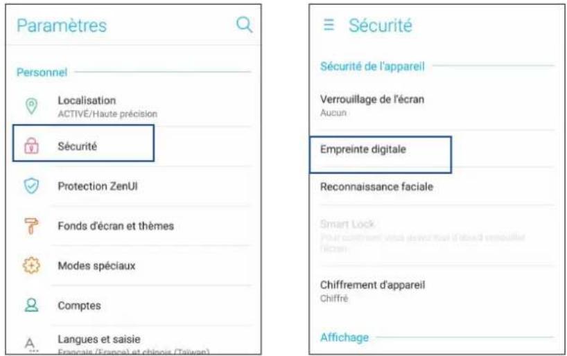 Paramètres Personnel Localisation ACTIVE/Haute précision Sécurité Protection ZenUI Fonds d'écran et thèmes Modes spéciaux Comptes Langues et saisie ... Français (France) et chinois (Taiwan) ≡ Sécurité Sécurité de l'appareil Verrouillage de l'écran Aucun Empreinte digitale Reconnaissance faciale Smart Lock Pour continuent vous sevrue à un d'abord verouillier liczen Chiffrement d'appareil Chiffré Affichage
