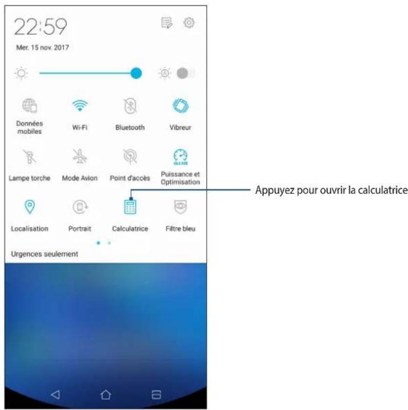 22:59 Mer. 15 nov. 2017 Données mobiles Wi-Fi Bluetooth Vibreur Lampe torche Mode Avion Point d'accès Puissance et Optimisation Localisation Portrait Calculatrice Filtre bleu Urgences seulement Appuyez pour ouvrir la calculatrice