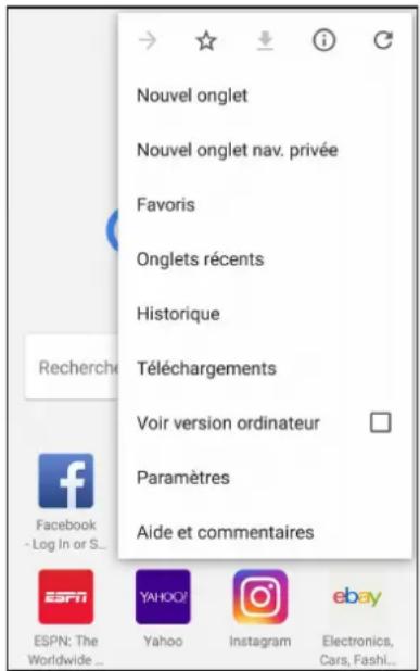 Nouvel onglet Nouvel onglet nav. privée Favoris Onglets récents Historique Téléchargements Voir version ordinateur Paramètres Aide et commentaires
