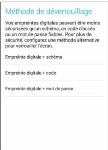 Méthode de déverrouillage Vos empreintes digitales peuvent être moins sécurisées qu'un schéma, un code d'accès ou un mot de passe fiables. Pour plus de sécurité, configurez une méthode alternative pour verrouiller l'écran. Empreinte digitale + schéma Empreinte digitale + code Empreinte digitale + mot de passe