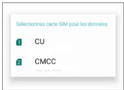 Sélectionnez carte SIM pour les données 1 CU 2 CMCC