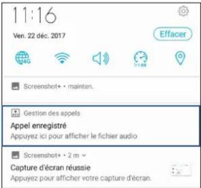 11:16 Ven. 22 décembre 2017 Effacer 4G Screenshot+ • mainten. Gestion des appels Appel enregistré Appuyez ici pour afficher le fichier audio Screenshot+ • 2 m Capture d'écran réussie Appuyez pour afficher votre capture d'écran.