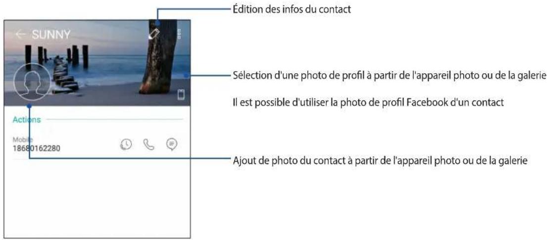 Édition des infos du contact Sélection d'une photo de profil à partir de l'appareil photo ou de la galerie Il est possible d'utiliser la photo de profil Facebook d'un contact Actions Mobile 18680162280 Ajout de photo du contact à partir de l'appareil photo ou de la galerie