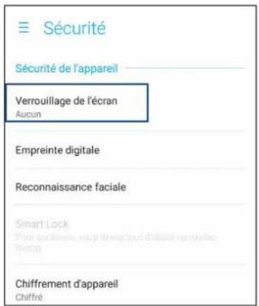 ≡ Sécurité Sécurité de l'appareil Verrouillage de l'écran Aucun Empreinte digitale Reconnaissance faciale Smart Lock Pour céditerrane, nous d'onut d'écartel nettoiles Nouau Chiffrement d'appareil Chiffré