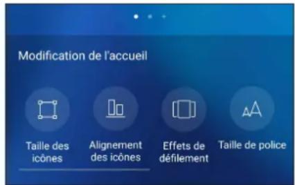 Modification de l'accueil Taille des icônes Alignement des icônes Effets de défilement Taille de police