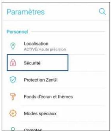 Paramètres Personnel Localisation ACTIVÉ/Haute précision Sécurité Protection ZenUI Fonds d'écran et thèmes Modes spéciaux Computes
