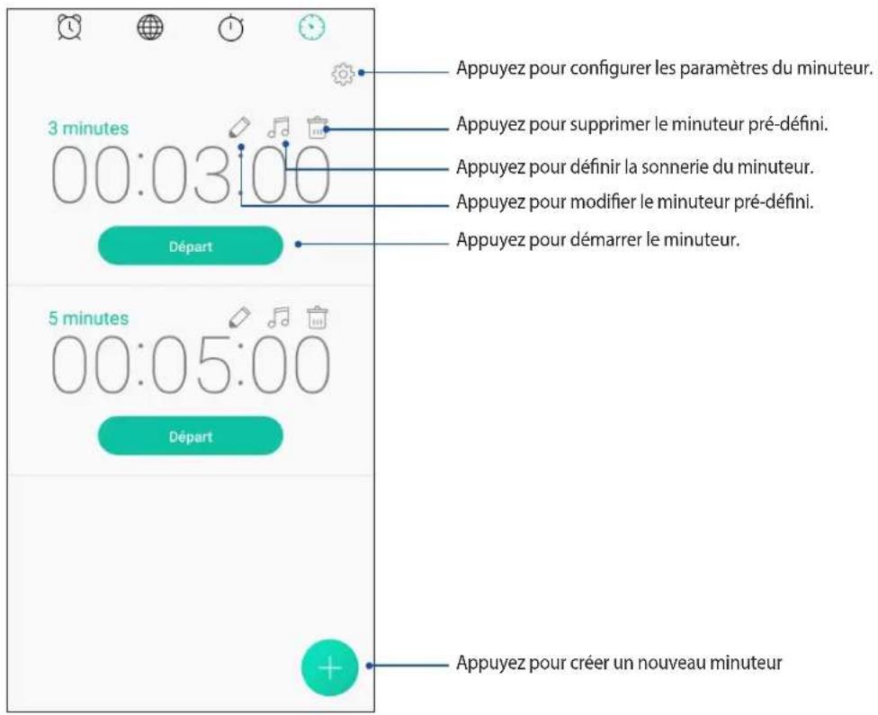 3 minutes 00:03:00 Départ 5 minutes 00:05:00 Départ Appuyez pour configurer les paramètres du minuteur. Appuyez pour supprimer le minuteur pré-défini. Appuyez pour définir la sonnerie du minuteur. Appuyez pour modifier le minuteur pré-défini. Appuyez pour démarrer le minuteur. Appuyez pour créer un nouveau minuteur