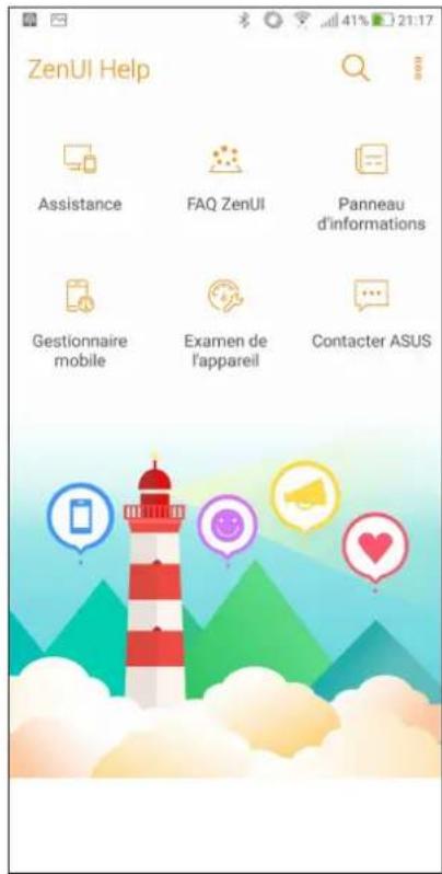 ZenUI Help Assistance FAQ ZenUI Panneau d'informations Gestionnaire mobile Examen de l'appareil Contacter ASUS