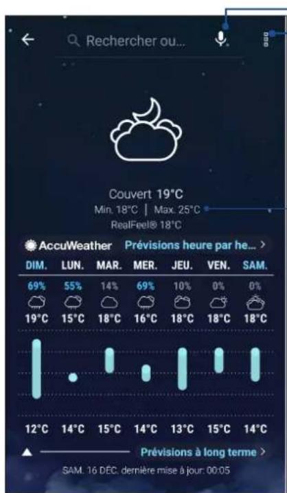 Rechercher ou... Couvert 19°C Min. 18°C | Max. 25°C RealFeel® 18°C AccuWeather Prévisions heure par he... DIM. LUN. MAR. MER. JEU. VEN. SAM. 69% 55% 14% 69% 10% 0% 0% 19°C 15°C 18°C 16°C 18°C 18°C 18°C 12°C 14°C 15°C 14°C 13°C 15°C 14°C Prévisions à long terme > SAM. 16 DÉC. dernière mise à jour: 00:05