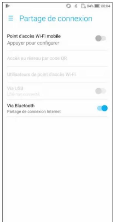Partage de connexion Point d'accès Wi-Fi mobile Appuyer pour configurer Accès au réseau par code QR Utilisateurs de point d'accès Wi-Fi Via USB Utilé non connecté Via Bluetooth Partage de connexion Internet