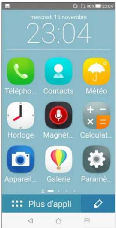 mercredi 15 novembre 23:04 Télépho... Contacts Météo Horloge Magnét... Calculat... Appareil... Galerie Paramè... Plus d'appli