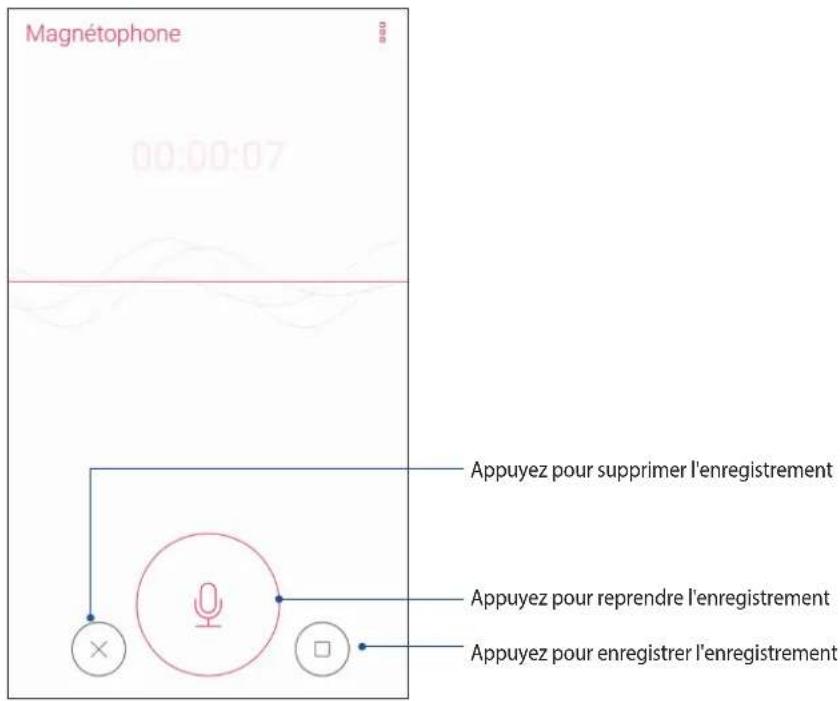 Magnétophone 00:00:07 Appuyez pour supprimer l'enregistrement Appuyez pour reprendre l'enregistrement Appuyez pour enregistrer l'enregistrement