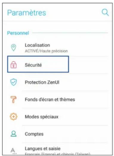 Paramètres Personnel Localisation ACTIVE/Haute précision Sécurité Protection ZenUI Fonds d'écran et thèmes Modes spéciaux Comptes Langues et saisie ... Français (France) et chinois (Taiwan)