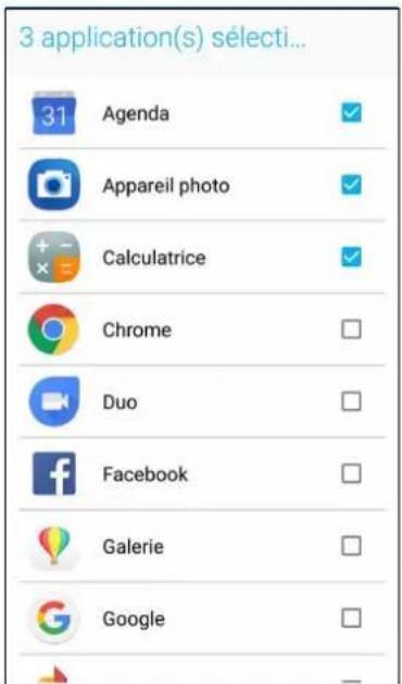 3 application(s) selecti... 31 Agenda ✓ Appareil photo ✓ + - × Calculatrice ✓ Chrome □ Duo □ Facebook □ Galerie □ Google □